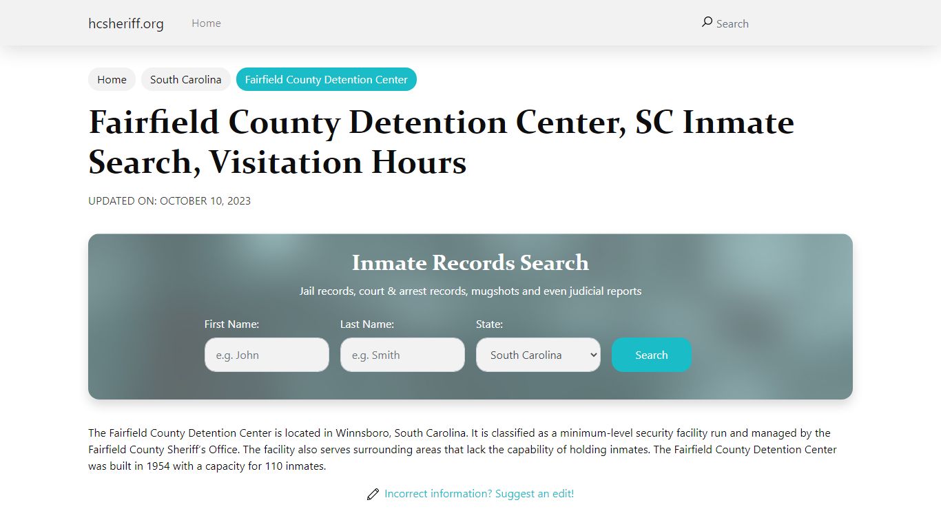 Fairfield County Detention Center, SC Inmate Search, Visitation Hours